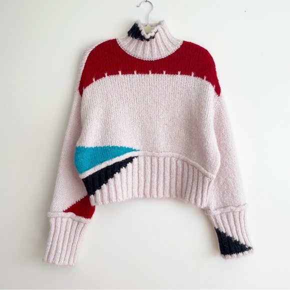 Zara Boxy Cropped Colorblock Chunky Knit Wool Blend Sweater Size Medium western - Picture 5 of 15